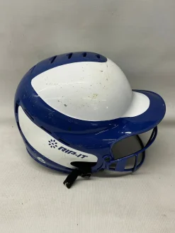 Used RIP-IT RIP IT SOFTBALL HELMET W MASK Batting Helmet w/Mask White And Royal Blue S/M