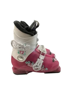 Used Salomon T2 SZ 20.0 Girls DH Ski Boot White And Purple 200 MP - Y13.5