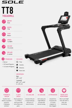 Used Sole TT8 COMMERCIAL TREADMILL NO FOLDING Treadmill